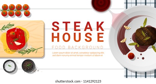 Raw fresh meat and grilled meat tenderloin steak on white table , healthy food background , vector , illustration