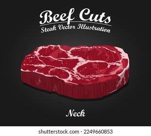 Carne fresca cruda Carne de cuello sobre fondo negro. Plantilla para el negocio de la carne - tienda, mercado, restaurante o diseño - banner, pegatina, menú ilustración vectorial.