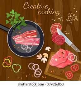 Raw fresh meat on wooden table, cooking grilling, red meat in a frying pan vector illustration   