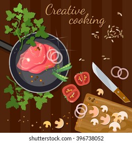 Raw fresh meat on wooden table red meat in a frying pan vector illustration 