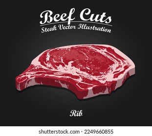 Raw fresh meat Rib steak on black background. Template for meat business - shop, market, restaurant or design - banner, sticker, menu vector illustration.