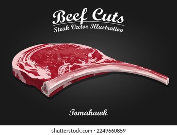 Carne fresca cruda Tomahawk steak sobre fondo negro. Plantilla para el negocio de la carne - tienda, mercado, restaurante o diseño - banner, pegatina, menú ilustración vectorial.