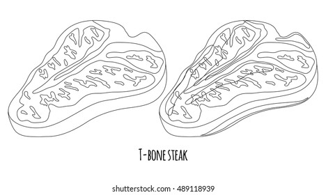 Raw fresh red beef meat with streaks of fat. T-bone steak. Isolated set