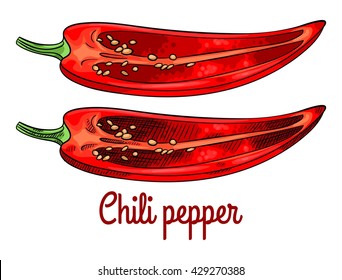 Raw fresh sliced red hot chili pepper with seeds. Isolated with the inscription