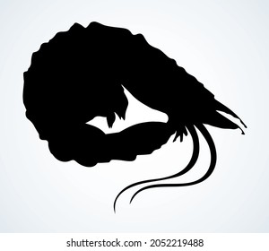 Raw fresh wild tiger leg on light paper text space. Dark ink hand drawn tasty marine delicacy steam lunch life menu logo pictogram emblem design. Art retro engrave contour print style. Close up view