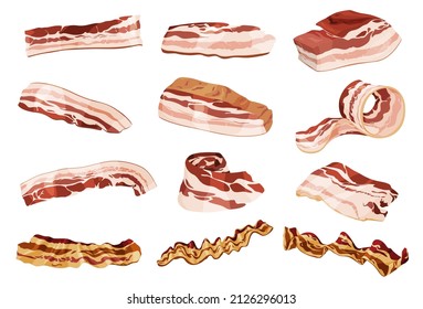 Raw and fried pieces of bacon collection vector isometric illustration. Set fresh slices of meat eco friendly steak for cooking and dietary eating. Roasted delicious food cafe or butcher store menu