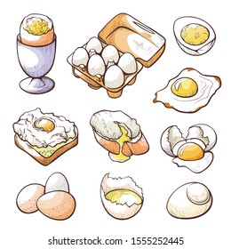 Raw, fried, sunny side up and boiled eggs hand drawn vector illustrations set. Tasty English breakfast design elements collection. Organic farm food realistic drawings on white background