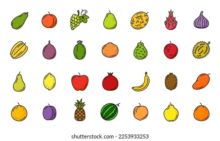 Raw fruit color line icons. Farm harvest outline symbols, healthy food thin line vector pictogram tropical fruits with mango, peach and grape, pear, melon, pitaya, kiwi and watermelon, plum icons