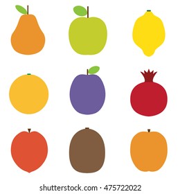 Raw fruits set in flat design. Fruitarian diet food vector icons. Different summer exotic fruits collection. Kiwi, pear, orange, lemon, plum, mango, pomegranate, peach and apple illustrations.