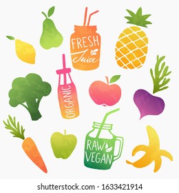Raw fruits and vegetable smoothies and fresh juices. Healthy vegan food design set. Colorful vector shapes.