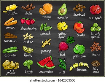 Símbolos gráficos de frutas y verduras crudas colocados en un tablero de anuncios, dibujo a mano