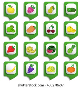 Raw fruits and vegetables icon set on green substrates