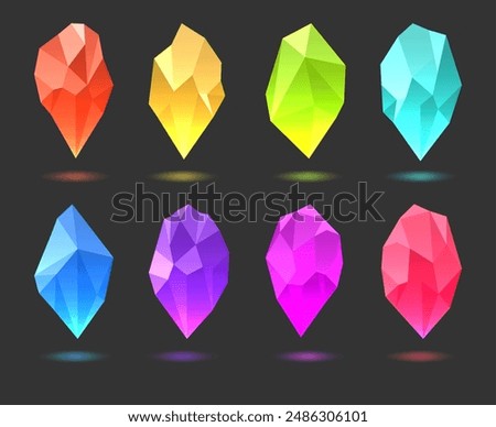 Raw gem crystals. Colorful rainbow jewel gemstones isolated on black background vector illustration