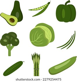 Rohes grünes Gemüse. Vektorgemüse-Symbole im Cartoon-Stil. Kollektionsprodukt für Speisekarte, Marktetikett.