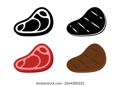 Conjunto de ícones de bife cru e grelhado. Símbolos de carne isolados no fundo branco. Ilustração de vetor