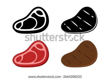 Raw and Grilled Steak Icon Set. Meat Symbols Isolated on White Background. Vector Illustration