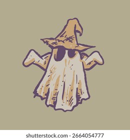 Dibujado a mano crudo hoja de fantasma de dibujos animados de halloween con sombrero de bruja