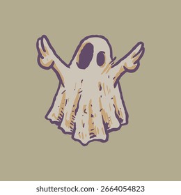 Mão crua desenhada desenhos animados folha fantasma halloween levantando a paz fora gesto