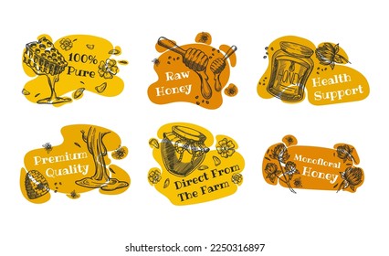 Raw honey concept set, farm product advertising. Health support food with premium quality, hand drawn element with sign. Sticker tag collection with sketch jar, flower, bee at colorful decoration
