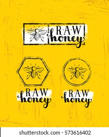 Concepto de vector de signo creativo de miel cruda. Elemento De Diseño De Alimentos Orgánicos Sanos Con Icono De Abeja En Fondo De Manera Duradera
