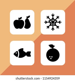 raw icon. 4 raw set with fish, fruit and crystal vector icons for web and mobile app