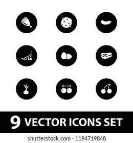 Raw icon. collection of 9 raw filled icons such as onion, cherry, meat, extinct sea creature, egg, cucumber. editable raw icons for web and mobile.