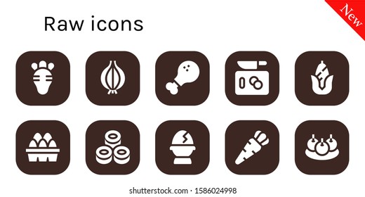 conjunto de iconos crudos. 10 iconos crudos rellenos.  Colección de: iconos de Radish, Onion, pierna de pollo, Chop, Corn, Huevos, Sushi, Huevo, Zanahoria, Bitterballen
