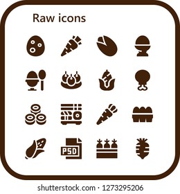  raw icon set. 16 filled raw icons. Simple modern icons about  - Egg, Carrot, Pistachio, Boiled egg, Bitterballen, Corn, Chicken leg, Sushi, Eggs, Psd, Carrots, Radish