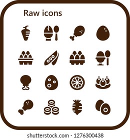  raw icon set. 16 filled raw icons. Simple modern icons about  - Carrot, Egg, Chicken leg, Eggs, Pea, Boiled egg, Mangosteen, Bitterballen, Sushi, Radish