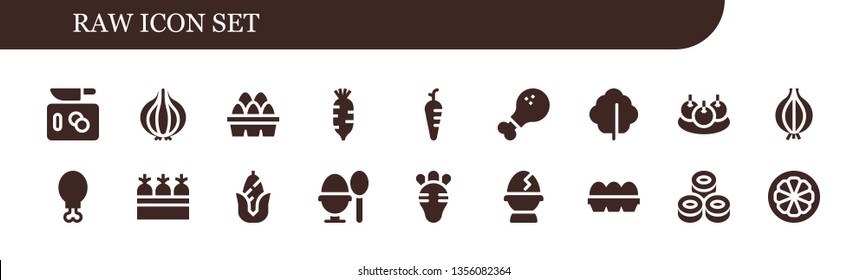 raw icon set. 18 filled raw icons.  Collection Of - Chop, Onion, Eggs, Radish, Carrot, Chicken leg, Lettuce, Bitterballen, Carrots, Corn, Boiled egg, Egg, Sushi, Mangosteen