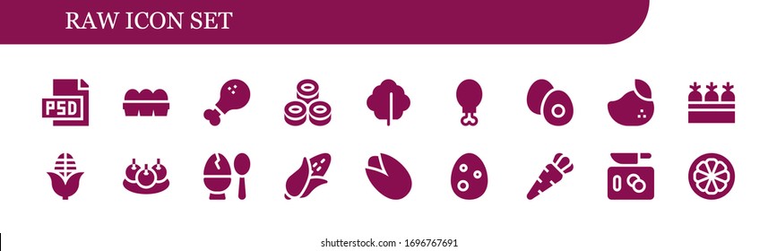 raw icon set. 18 filled raw icons. Included Psd, Eggs, Chicken leg, Sushi, Lettuce, Boiled egg, Mango, Carrots, Corn, Bitterballen, Egg, Pistachio, Carrot, Chop, Mangosteen icons