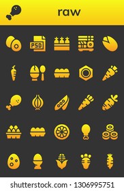 raw icon set. 26 filled raw icons.  Simple modern icons about  - Boiled egg, Chicken leg, Psd, Carrots, Sushi, Pistachio, Carrot, Egg, Eggs, Nut, Onion, Pea, Mangosteen, Corn