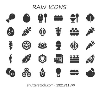 raw icon set. 30 filled raw icons.  Collection Of - Chicken leg, Egg, Eggs, Boiled egg, Lettuce, Carrot, Onion, Radish, Mangosteen, Bitterballen, Corn, Nut, Psd, Carrots, Pea