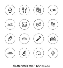 Raw icon set. collection of 16 outline raw icons with artichoke, boiled egg, cherry, carrot, carrots, chicken leg, corn, eggs, melon, nuts, spatula, sushi icons.