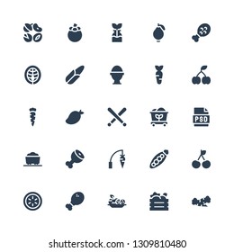 raw icon set. Collection of 25 filled raw icons included Carrot, Fruit box, Cucumber, Chicken leg, Cherry, Peas, Ham leg, Coal, Psd, Drumsticks, Mango, Boiled egg, Corn, Salmon