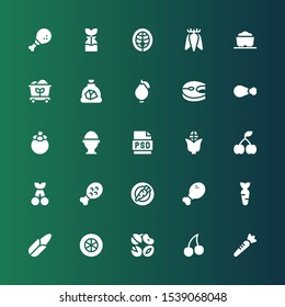 raw icon set. Collection of 25 filled raw icons included Carrot, Cherry, Nuts, Tomato slice, Corn, Chicken leg, Psd, Boiled egg, Mangosteen, Salmon, Guava, Coal, Tuber, Reuse