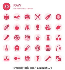 raw icon set. Collection of 30 filled raw icons included Paprika, Carrot, Salmon, Drumsticks, Corn, Peas, Mangosteen, Tuber, Boiled egg, Reuse, Psd, Tomato slice, Mango, Cherry