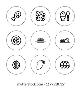 Raw icon set. collection of 9 outline raw icons with chicken leg, durian, egg, mango, nuts, sweet corn icons. editable icons.