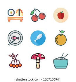 raw icon set. vector set about fishes, cherry, berry and orange icons set.
