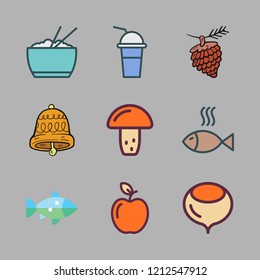 raw icon set. vector set about pine nut, bell, hazelnut and mushroom icons set.