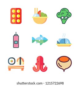 raw icon set. vector set about salad, vinegar, fish and sushi icons set.