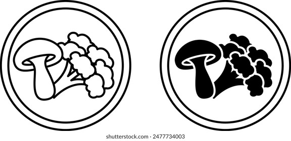 Raw icons. Black and White Vector Icons of Mushroom and Broccoli. Raw and Natural Food. Label for Packaging of Organic Products. Healthy Eating