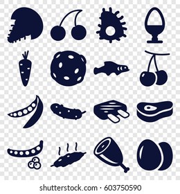 Raw icons set. set of 16 raw filled icons such as egg, carrot, cherry, peas, Cherry, cucumber, meat, extinct sea creature