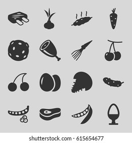 Raw icons set. set of 16 raw filled icons such as egg, onion, carrot, cherry, peas, Cherry, cucumber, meat