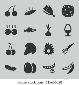 Raw icons set. set of 16 raw filled icons such as egg, onion, cherry, peas, Cherry, cucumber, meat, extinct sea creature