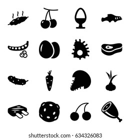 Raw icons set. set of 16 raw filled icons such as egg, onion, carrot, cherry, peas, cherry, cucumber, meat, extinct sea creature