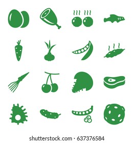 Raw icons set. set of 16 raw filled icons such as egg, onion, carrot, cherry, peas, cucumber, meat, extinct sea creature