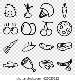 Raw icons set. set of 16 raw outline icons such as egg, onion, carrot, cherry, peas, cucumber, meat, extinct sea creature