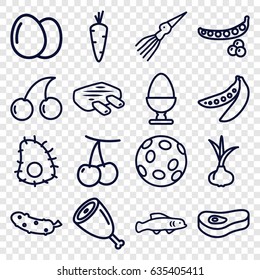 Raw icons set. set of 16 raw outline icons such as egg, onion, carrot, cherry, peas, cherry, cucumber, meat, extinct sea creature