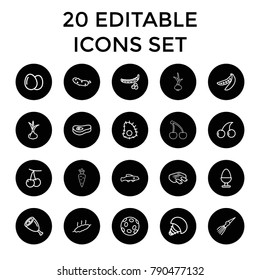 Raw icons. set of 20 editable outline raw icons such as egg, onion, cherry, peas, cherry, cucumber, meat, extinct sea creature. best quality raw elements in trendy style.